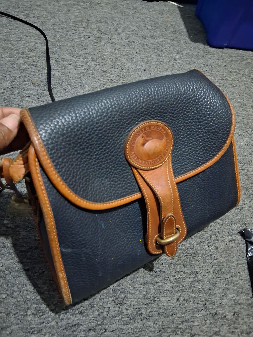 Dooney & Bourke Navy Pebbled Leather Crossbody Bag with Brown Trim - Picture 2 of 4